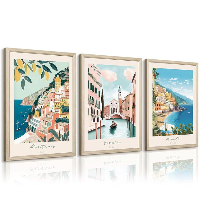 Italy Amalfi Coast Wall Art Italian City Canvas Wall Decor Italy Travel Landscape Wall Art Posters Blue Venice Beach Painting Pictures Italian Modern Artwork for Home 12x16 Inch Wood Framed Set of 3