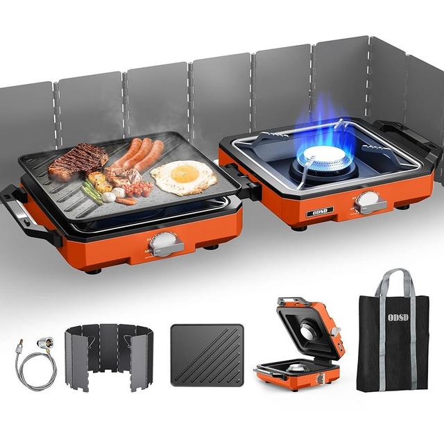 ODSD 2 Burner Camping Stove with Windshield, 20000 BTU Propane Camp Stove, Portable Folding Gas Stove, Camping Essentials Gears Includes Frying Pan, Coffee Stand & Carry Bag, Orange