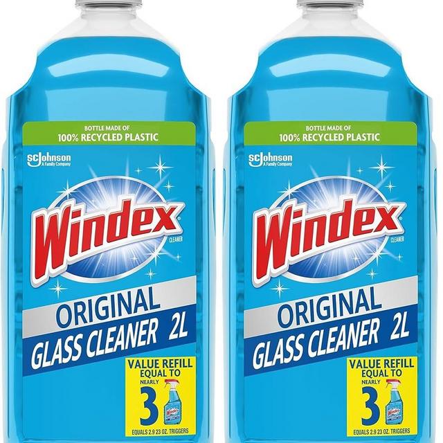 Windex Glass Cleaner Spray Refill, Original Blue Window Cleaner Works on Smudges and Fingerprints, Bottle Made from 100% Recovered Coastal Plastic, 2L (Pack of 2)