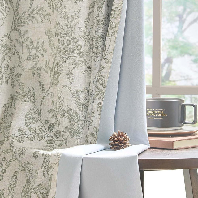 Lazzzy Green Floral Lined Curtains Linen Farmhouse 63 Inch Length Back Tab Drapes for Living Room Bedroom Patterned Country Vintage Flower Print 2 Panels Set Rod Pocket Green on Beige