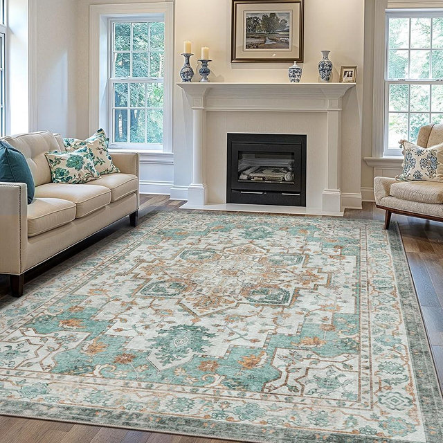 GENIMO 5x7 Area Rugs for Living Room, Machine Washable Non Slip Vintage Retro Rugs, Low Pile Lightweight Chenille Print Rug for Bedroom, Dining Room, Home Office, Cyan