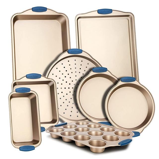 8-Piece Nonstick Bakeware Set - PFOA, PFOS, PTFE-Free Carbon Steel Baking Trays w/ Heatsafe Blue Silicone Handles, Oven Safe Up to 450°F, Pizza Loaf Muffin Round/Square Pans, Cookie Sheet