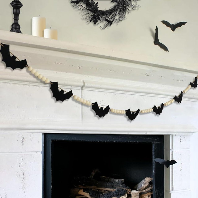 Halloween Garland Decorations - Adjustable Spooky Hanging Black Felt Bat Garland Fireplace Decor - Aesthetic Boho Wood Beads Mantel Banner for Home Room Indoor Farmhouse Office Wall Halloween Decor