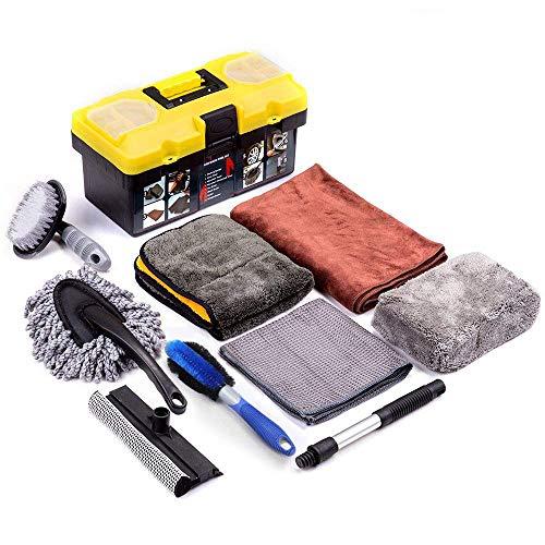 Mofeez 9pcs Car Cleaning Tools Kit with Blow Box Car Tire Brush Wash Mitt Sponge Wax Applicator Microfiber Cloths Window Water Blade Brush