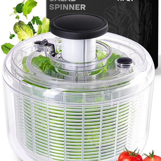 BASSWOOD Pump Salad Spinner with Bowl and Colander - Quick and Easy Multi-Use Lettuce Spinner, Vegetable Dryer, Fruit Washer, Pasta and Fries Spinner - 4.7 Qt