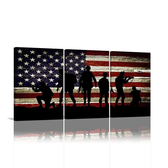 Large Wall Art 3 Panel Retro Painting on Canvas Gun Closeup Picture Poster American Flag Wall Art for Office Patriotic Concept USA Flag Independence Day Artwork Print for Stretched Framed(16''Wx24''H)