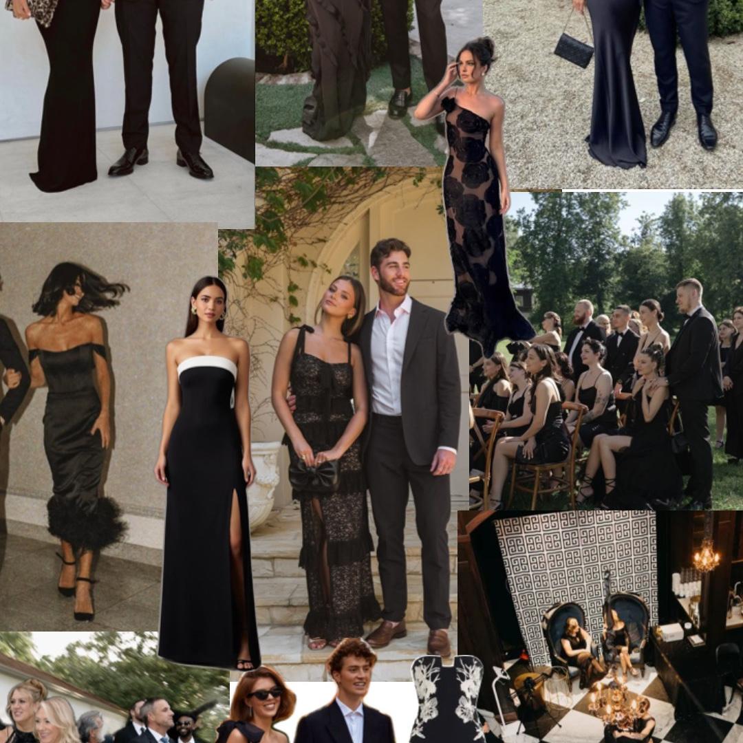 Inspo for Wedding day | All black attire |
Black dresses |
Black suits |
Any color shoes? Yes |
Do men have to wear black button downs? No, white is also an option