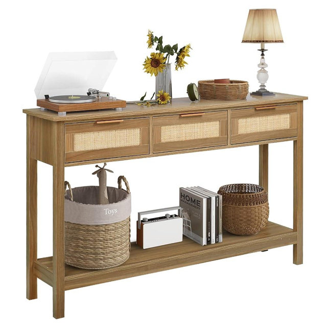 LAZZO Rattan Console Table Boho Entryway Table Narrow Long Sofa Table Hallway Foyer Table Behind Couch Table with 3 Drawers and Open Storage Shelf for Living Room and Corridor Brown