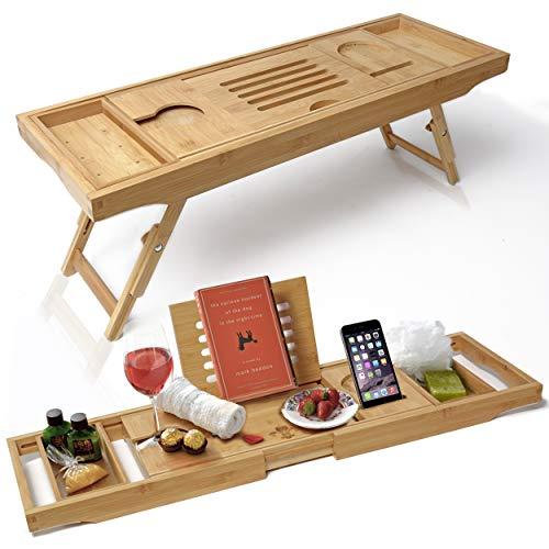 Bathtub Caddy & Laptop Bed Desk – The Original Patented 2 In 1 Innovative Design Transforms Our 100% Extra Large Bamboo Bathtub Tray To Bed Tray – For The Perfect Home Spa Oasis (Natural Bamboo)