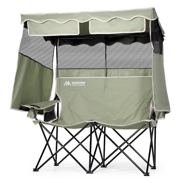 Huskfirm Double Camping Chair with Shade Canopy 2 Person Folding Chair with Canopy Portable Beach Chair Heavy Duty Camping Chair with Two Cup Holders and Side Pocket for Outside Camping,Beach,Sports