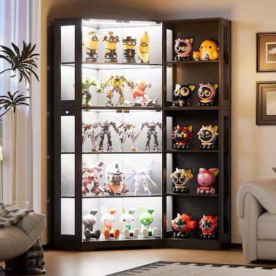PAKASEPT Corner Display Curio Cabinet with Glass Doors, Glass Display Case with LED Lights for Collectibles,Display Storage Shelves for Living Room,Black Contemporary/Modern Black China cabinet