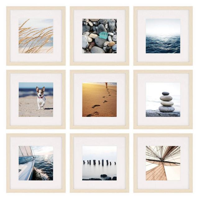 9pc 8" x 8" Gallery Wall Picture Frame Set with Decorative Art Prints/Hanging Template Brown - Instapoints