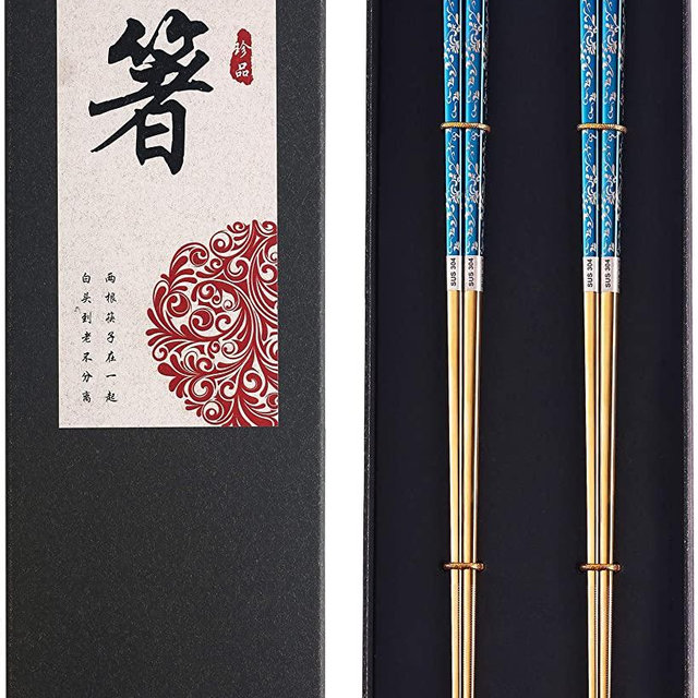 Metal Chopsticks Titanium Plated Stainless Steel Chopsticks Reusable Dishwasher safe Japanese Korean Chopstick lightweight Laser Engraved Anti-slip Chop sticks for Eating 2 Pairs Gift Set Blue Gold