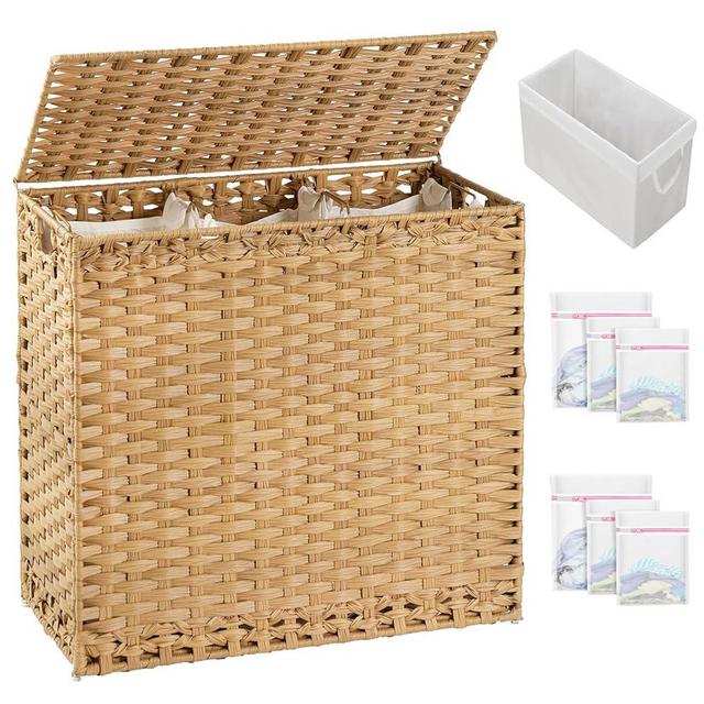 SETVSON Laundry Hamper with Lid Laundry Basket 132 L (35 Gal) Wicker Laundry Basket, Handwoven Rattan Laundry Hamper with Handles 4 Removable Laundry Bag, 6 Mesh Bags for Laundry Bedroom Natural