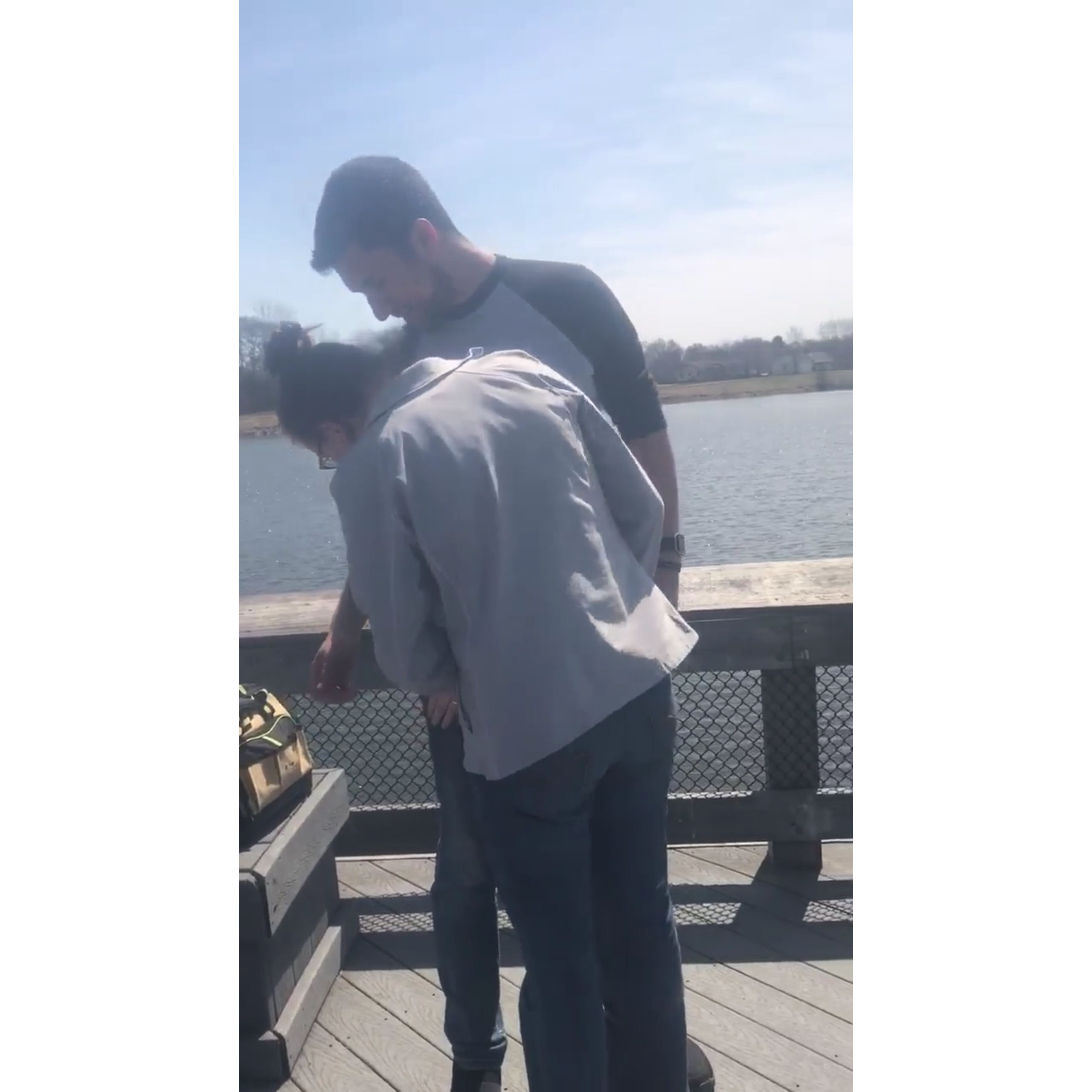 I became rather suspicious and patted him down (searching for a ring) but found nothing. So he went back to telling me about how lucky he is to have me and how much he loves me.