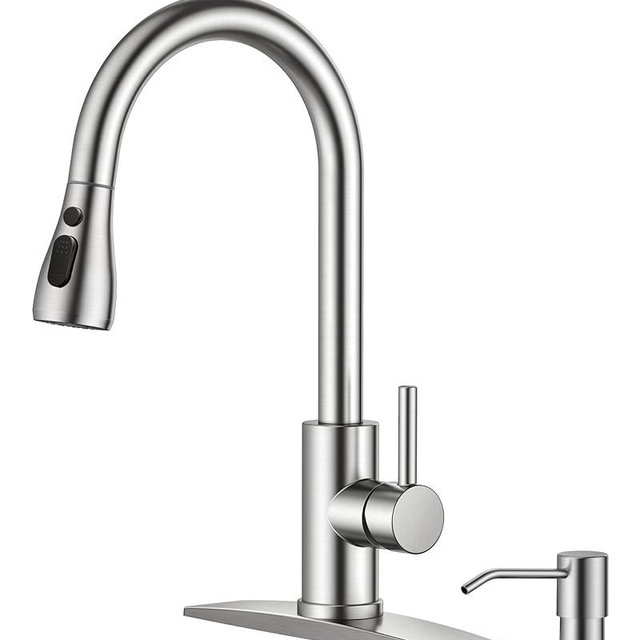 FORIOUS Kitchen Faucets with Soap Dispenser, Kitchen Sink Faucet with Pull Down Sprayer and Deck Plate, Modern Stainless Steel Kitchen Faucet, High Arch Single Handle Sink Faucet, Brushed Nickel