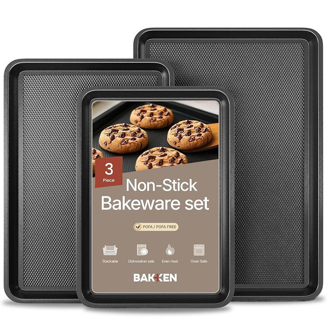 BAKKEN Kitchen Baking Pans - Small, Medium, and Large Cookie Pan (13.58×9.65, 15.75×11, 17.91×12.60), Nonstick, Diamond Texture Bottom, PFOA, PFOS, PTFE Free, Oven Safe Tray (450°F), Pack of 3, Gray