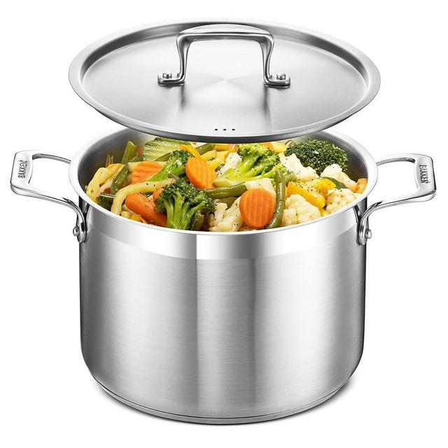 Stockpot – 8 Quart – Brushed Stainless Steel – Heavy Duty Induction Pot with Lid and Riveted Handles – For Soup, Seafood, Stock, Canning and for Catering for Large Groups and Events by BAKKEN