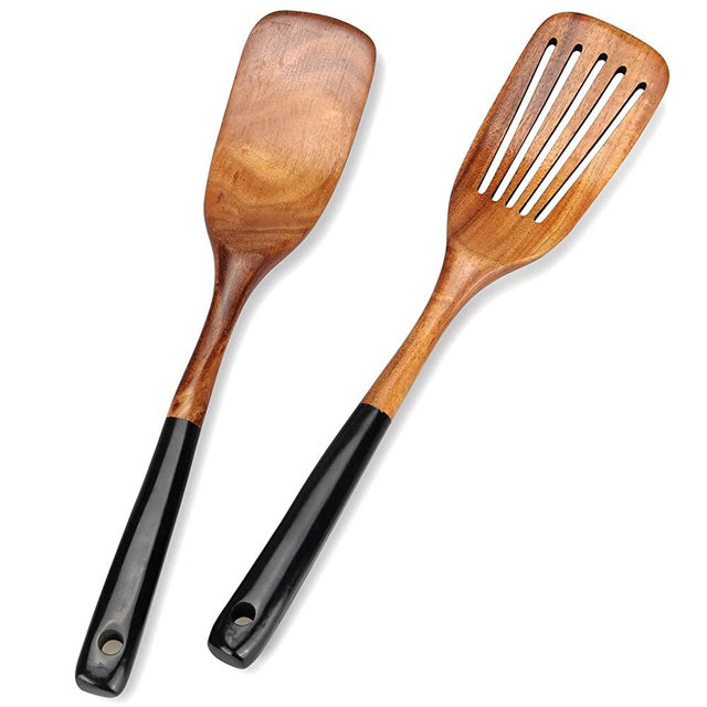 2 Pcs Best Wooden Spatula Set Kitchen Slotted Turner Flat Wood Wok Spatula Non Stick Cooking Utensils for Frying Mixing Fish Spatula Turner Black Egg Flipper Spatulas