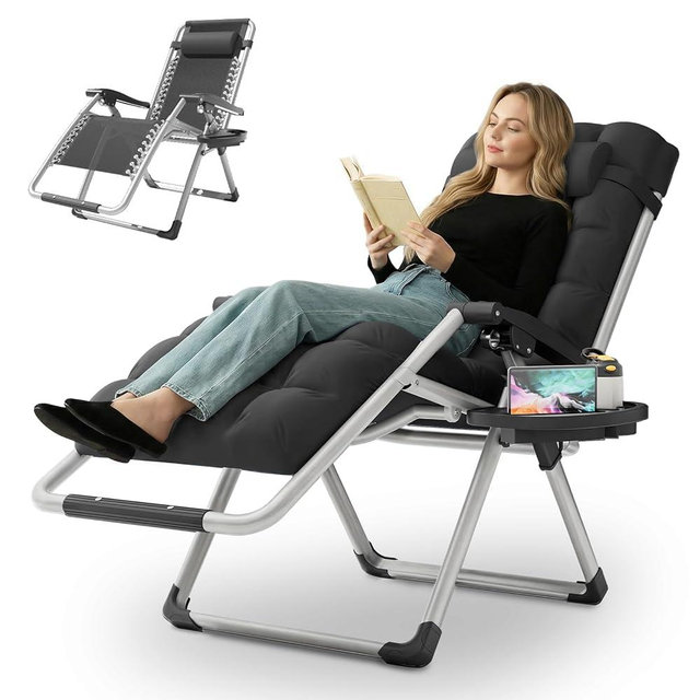MoNiBloom Reinforced Zero Gravity Chair, Folding Pool Beach Lounger, Portable Tanning Chaise with Cushion, Headrest and Side Tray, 330lbs Capacity - Black