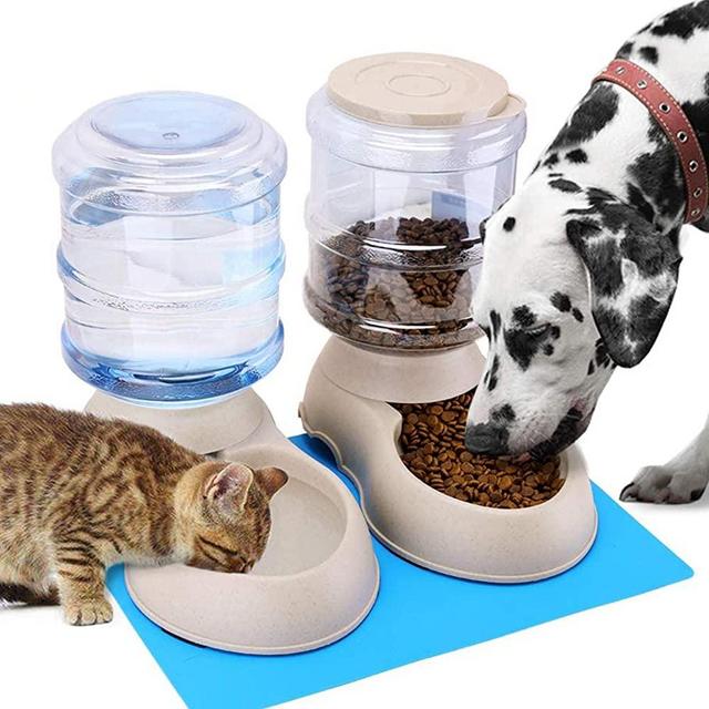 Automatic Cat Feeder and Water Dispenser in Set with Pet Food Mat for Small Medium Dog Pets Puppy Kitten Big Capacity 1 Gallon x 2