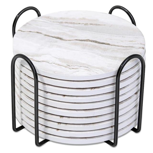 Caffox Drink Coasters with Holder for Coffee Table, Absorbent Coaster Sets of 10, Marble Style Ceramic Coaster for Wooden Table, Suitable for Kinds of Cups, Home Decor, 4 Inches(Gray marbling)