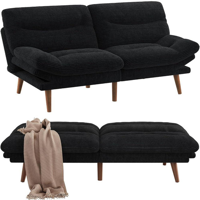 Pipishell Futon Sofa Bed, 66 Inch Corduroy Futon Couch Convertible with Adjustable Backrest and Armrests, Recliner Sleeper Sofa for Small Spaces, Living Room, Office, Guest Room (Black, 66 Inch)