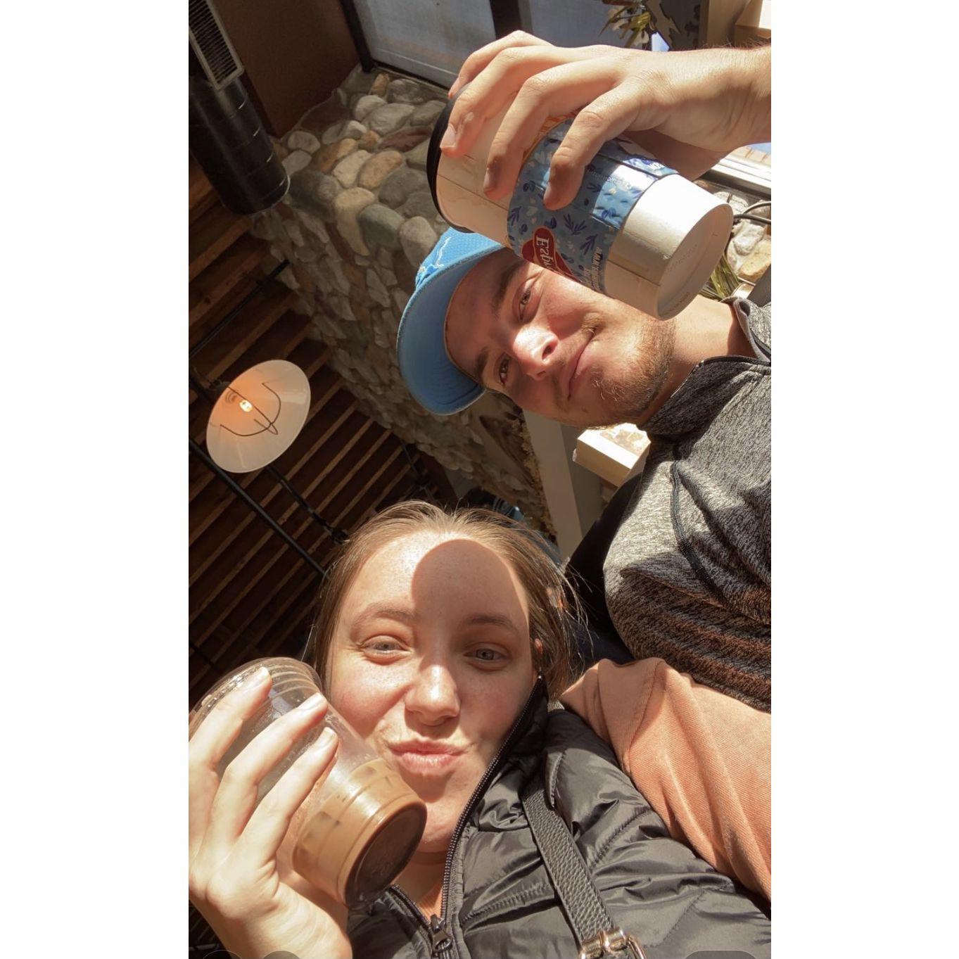 Coffee date on the trip to Traverse City. Of course Scott got hot and Kelly got iced.