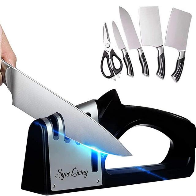 Sync Living Knife and Scissor Sharpeners,4 Stage Knife Sharpener, 4-in-1 Knife and Scissors Sharpener with Diamond, Ceramic, Tungsten, Kitchen Tools for Kinds of Knives, Black