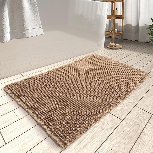 AMOAMI Upgraded Waffle Bath Mat, Super Absorbent Non Slip Bath Mats for Bathroom Floor, Machine Washable Boho Bathroom Rugs with Tassels, Rubber Backing Bathroom Mat, Ultra Soft, Brown, 24" x 36"
