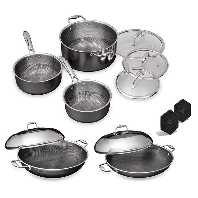HexClad 12 Piece Hybrid Stainless Steel Cookware Set - 6 Piece Pot Set, 14 Inch Wok, 14 Inch Frying Pan with Lid, Stay Cool Handles, Dishwasher Safe, Works with Induction, Electric, and Gas Cooktops