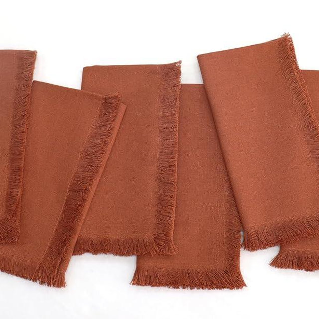 PurpleEssences Rust Cloth Napkins with Fringes, 100% Cotton Fall Thanksgiving Table Cloth Napkins, Set of 6 18x18 Inch Reusable Dinner Napkins for Parties and Weddings