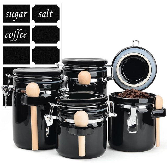 ZEBERBO 4-Piece Airtight Ceramic Canisters Set with Wooden Spoons & Chalk Labels – Perfect for Coffee, Sugar, Flour, Tea (Black) – Stylish & Leakproof Kitchen Storage
