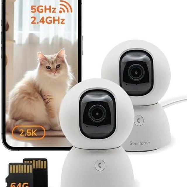 Sensforge 2.5K White Indoor Pan-Tilt Dome Security Camera (2-Pack), AI Human & Pet Detection, 360° Coverage, Two-Way Audio, Dual-Band Wi-Fi (2.4G/5G), 64GB SD Card Included, No Monthly Fees