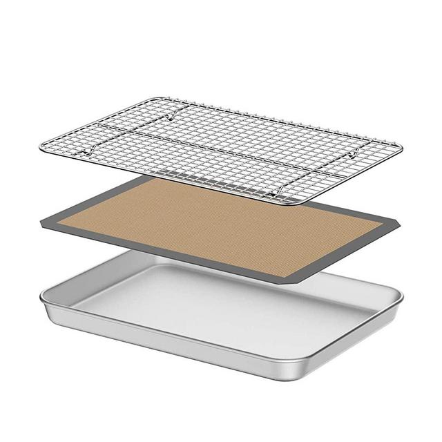 Baking Sheet with Silicone Mat, Umite Chef 10 inch Cookie Sheet Baking Pan, Non Toxic Silicone Baking Mat & Stainless Steel Cooling Rack Heavy Duty & Easy Clean