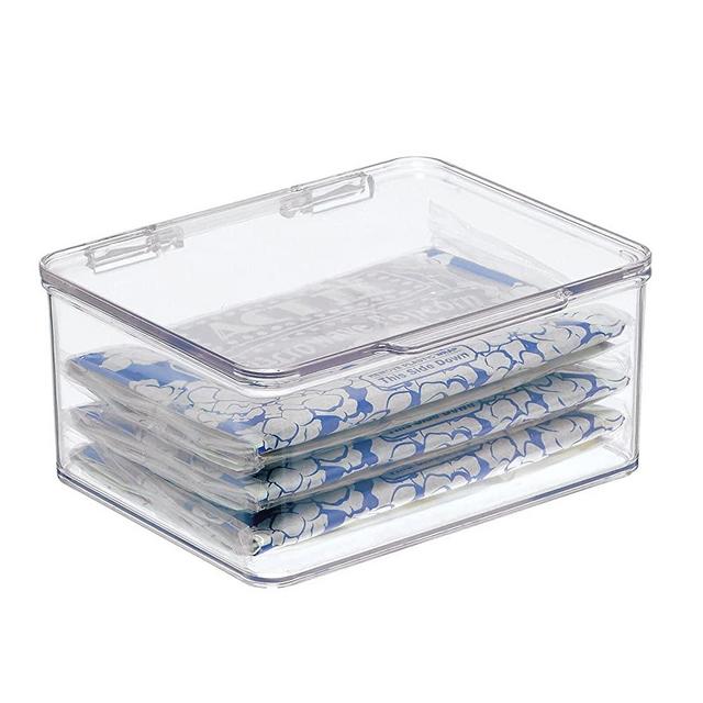mDesign Plastic Stackable Kitchen Pantry Cabinet/Refrigerator Food Storage Container Box, Attached Lid - Organizer for Coffee, Tea, Packets, Snack Bars - BPA Free, Food Safe - Small - Clear