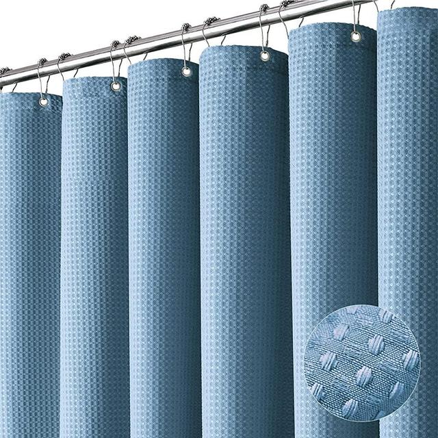 Dynamene Blue Fabric Shower Curtain - Waffle Weave Textured Heavy Duty Cloth Shower Curtains for Bathroom, 256GSM Hotel Luxury Weighted Bath Curtain Set with 12 Plastic Hooks,72x72, Moonlight Blue