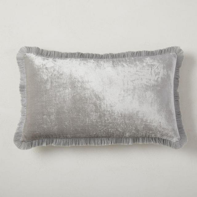 Lush Velvet Fringe Pillow Cover, Pearl Gray, 12"x21"