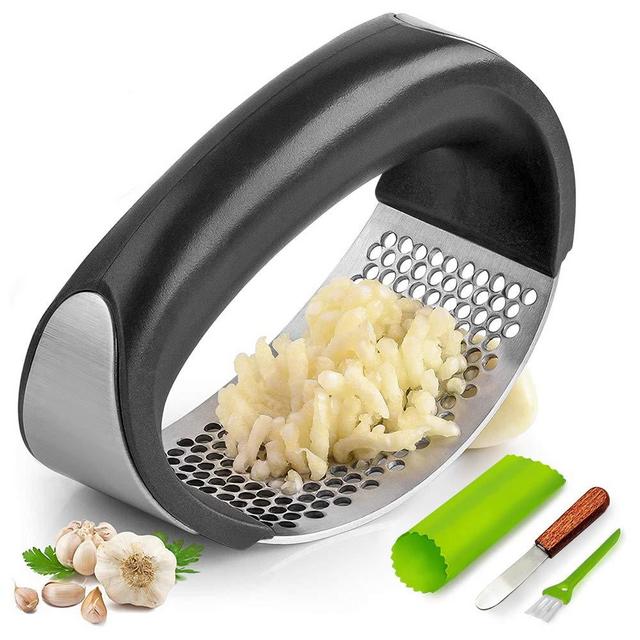 Garlic Press Rocker, Stainless Steel Garlic Mincer Crusher Professional Kitchen Gadgets Garlic Chopper with Ergonomic Handle, Silicone Garlic Peeler