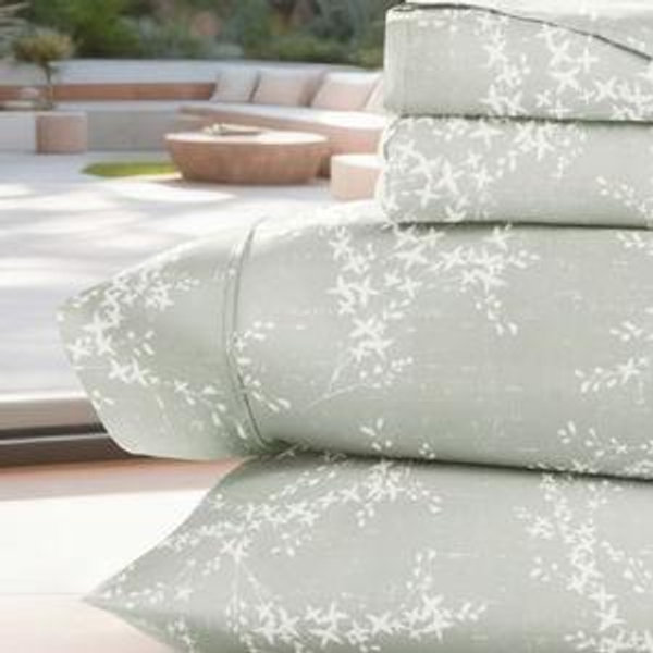 Pattern Bed Sheet Set, Soft Double Brushed Microfiber, 4 Piece, Delicate Details - Becky Cameron, Distressed Willow Green Mist, King