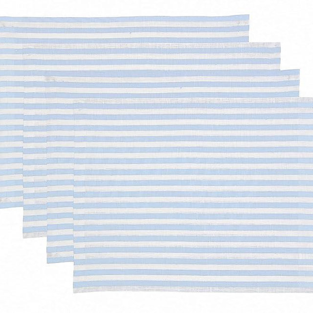 Solino Home Linen Placemats Set of 4 - Amalfi Stripe Sky Blue and White Placemats 14 x 19 Inch - 100% Pure Linen Place Mats for Summer