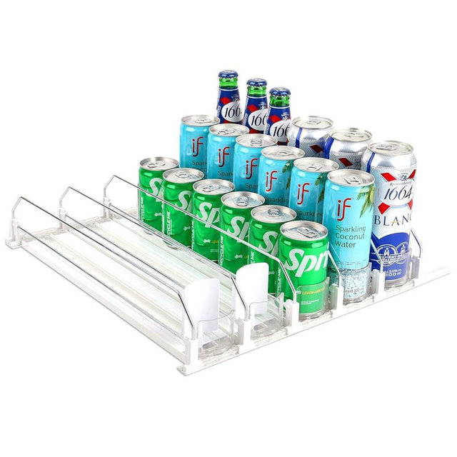 MAXTUF Drink Dispenser for Fridge, Soda Can Organizer for Refrigerator, Adjustable Width Beverage Self-Pushing Glide Rack, Up to 30 Cans Storage for Fridge Pantry (White, 16.4 Inch, 5 Rows)