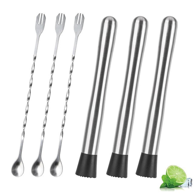Muddlers for Cocktail Mixing Spoon Set of 6, 9.8 Inch Muddlers 304 Stainless Steel Fruit Crusher Mixing Spoon Ice Crusher for Bar Party and Home