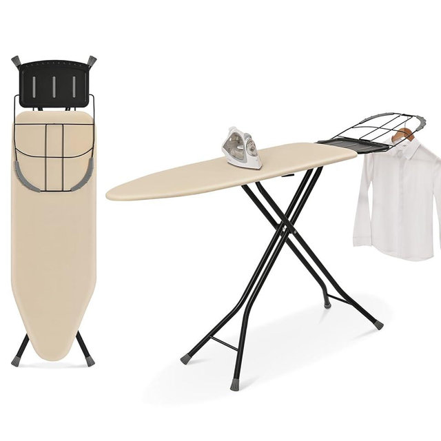KINGBOARD Ironing Board Full Size with Metal Panel, Foldable Ironing Board with Iron Rest, 7 Height Adjustable, Heat Resistant Thick Padding Cover, Easy Storage Heavy Duty Iron Board,15x48, Beige