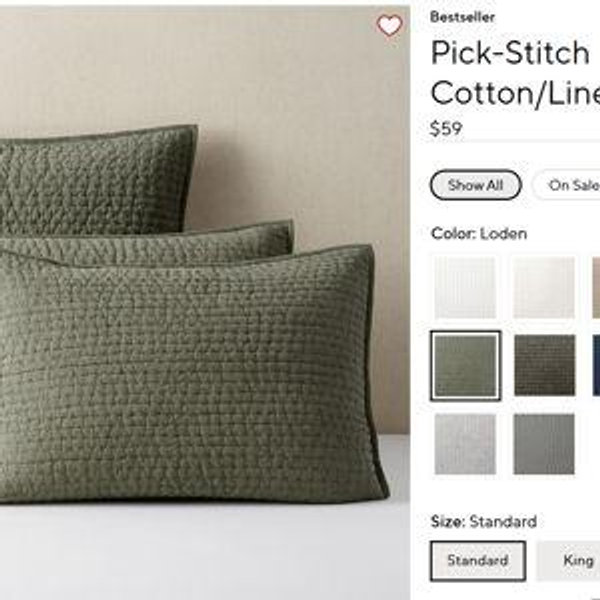 Pick-Stitch Handcrafted Cotton Linen Quilted Sham - Standard Size Loden Color