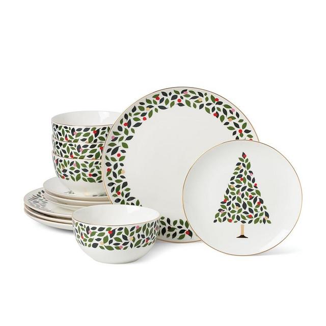 kate spade new york Evergreen 12-Piece Dinnerware Set, 12 Count, Ivory, Christmas, Holiday Hosting