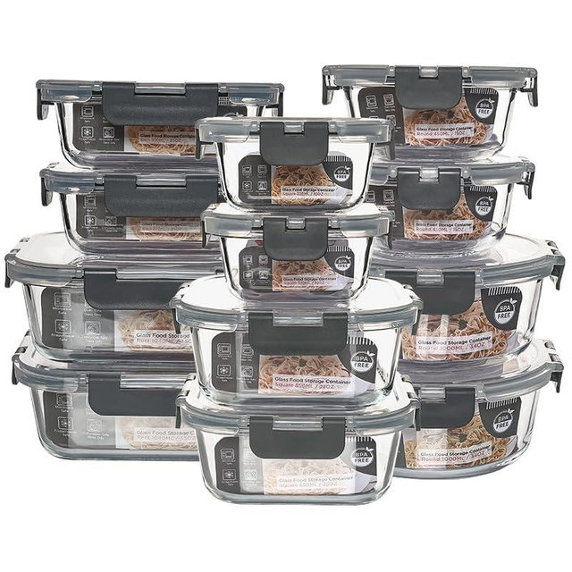 QOWOEO 12 Pack Glass Storage Containers Transparent, Stackable Design Meal Prep Containers for Food Storage, Home, Kitchen & Pantry Organization, Microwave/Freezer/Dishwasher Safe