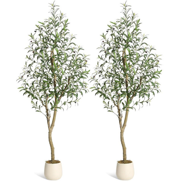 Olive Trees Artificial Indoor, 6ft Tall Faux Silk Plant - Fake Potted Tree with White Planter, Artificial Plants with Natural Wood Trunk and Lifelike Fruits for Home Office Decor, 2 Pack