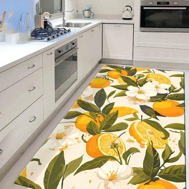 Citrus Kitchen Rug: Washable Orange & Lemon Print Dining Mat