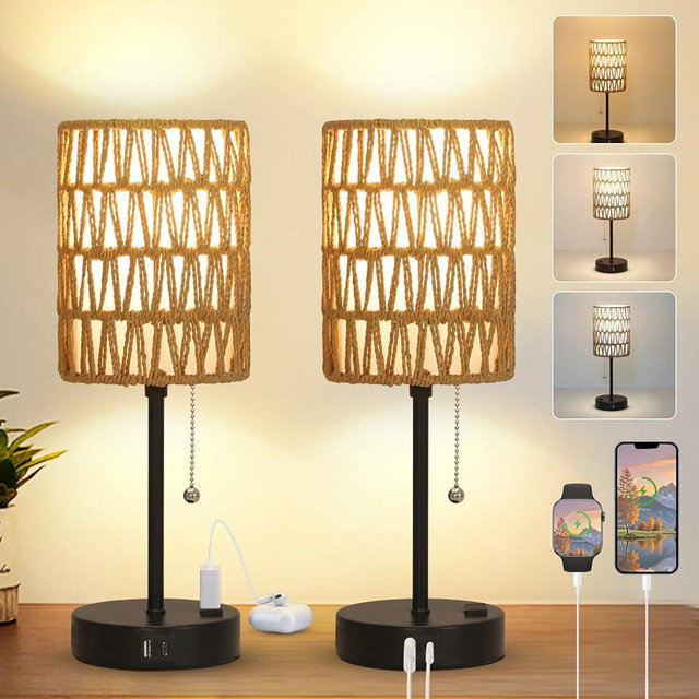 Rattan Bedside Table Lamps Set of 2 - Boho Lamps With 3 Color Temperatures & USB AC Port, Pull Chain Table Lamp For Bedroom, Cute Small Lamp For Nightstand Office Desk Bed Side End Table Living Room